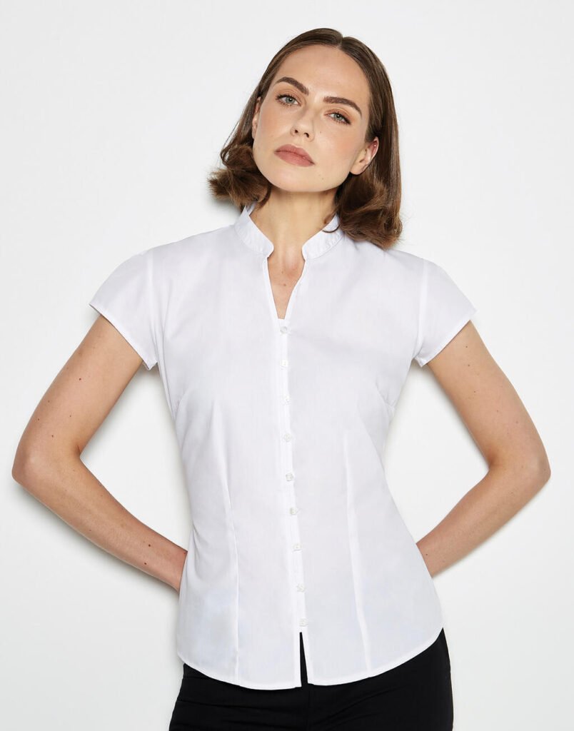 Kustom Kit Tailored Fit Mandarin Collar Blouse SSL blanc