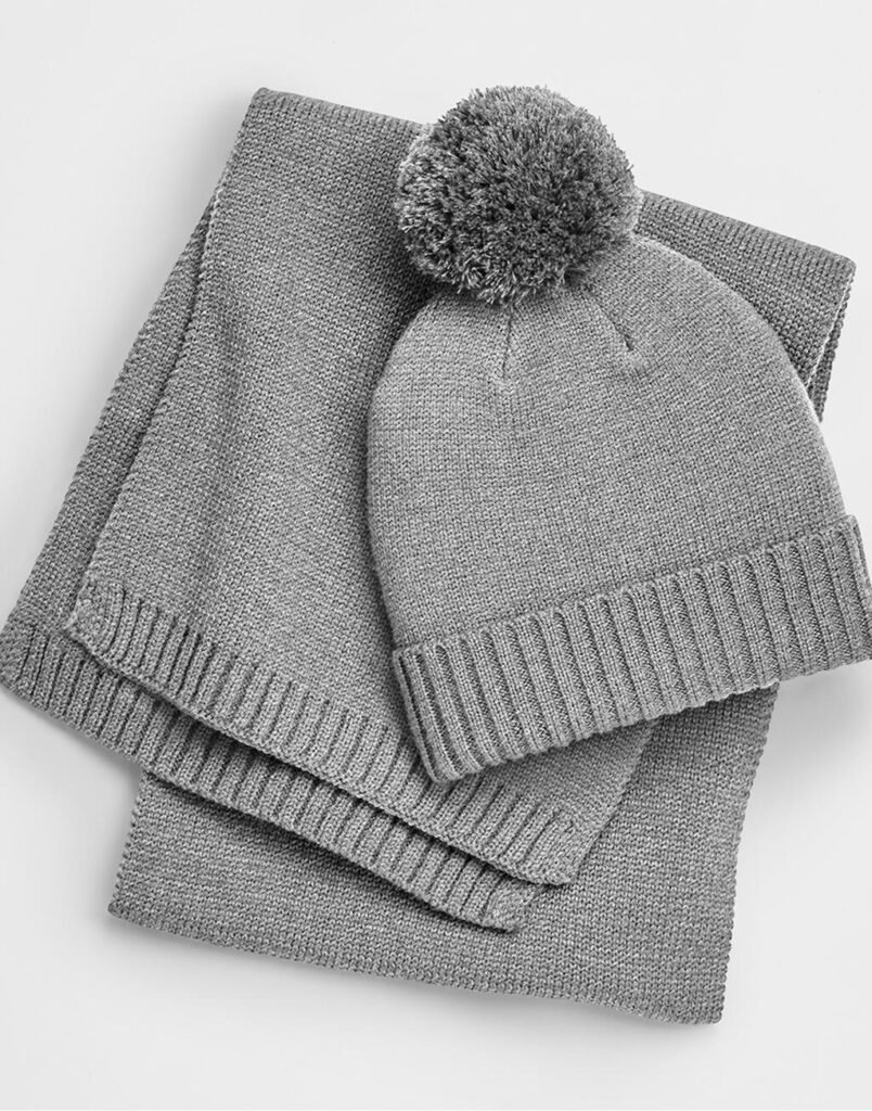 Beechfield Knitted Scarf Gift Set light grey fleck